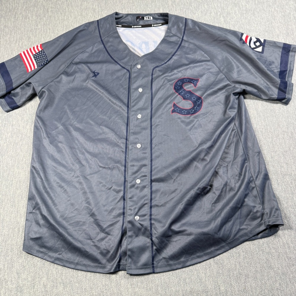 Decker Jersey Mens 2XL blue Button Up Baseball Mendoza 19 USA Mesh Athletic‎